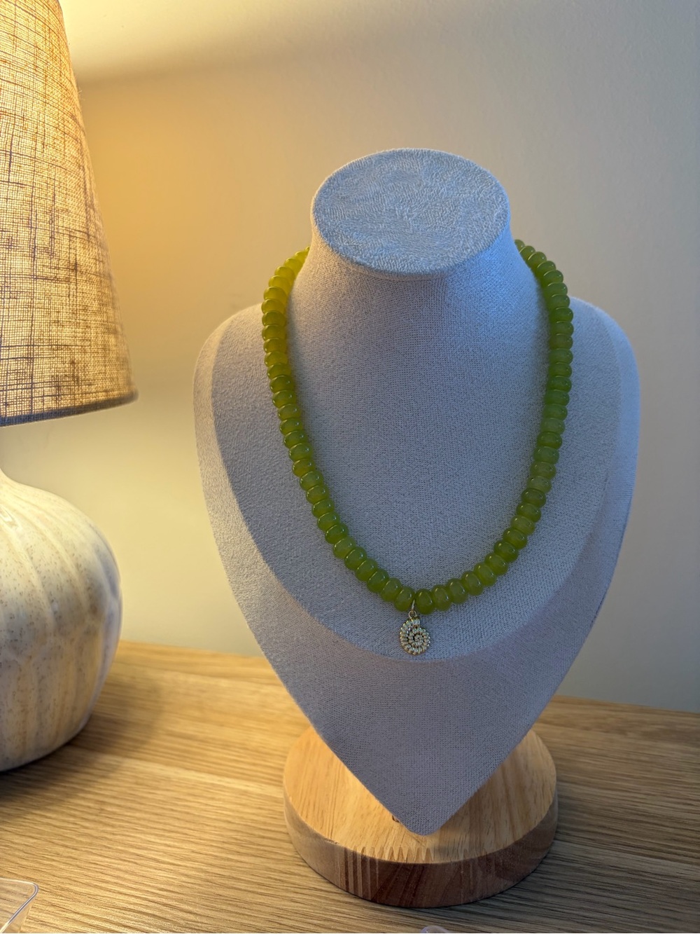 Green Beaded Necklace with Gold shell charm